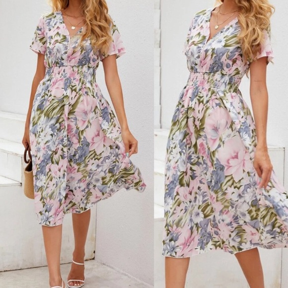 Boho floral print shirred waist dress - Picture 3 of 8